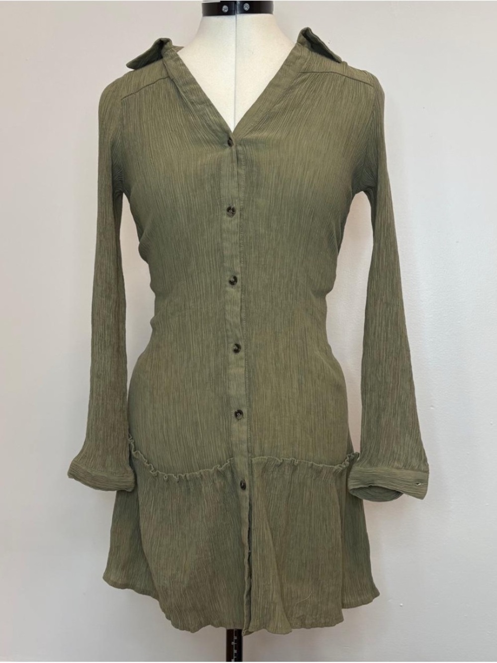 Olive Green Long-Sleeve Button-Front Women's Dress